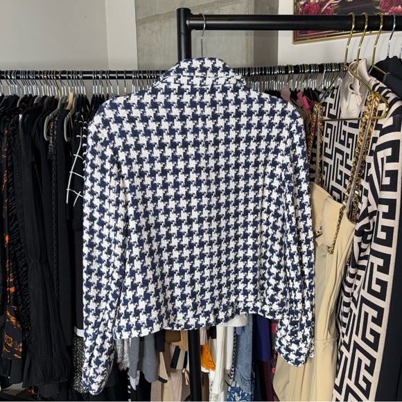 Zara Navy And White Houndstooth Tweed Cropped Jacket Jewel Buttons Womens XS NWT - Picture 8 of 8